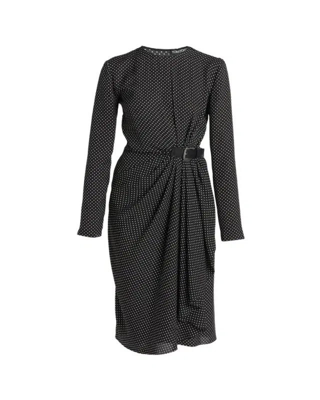 TOM FORD Polka Dot Silk Gathered Buckle Midi Dress