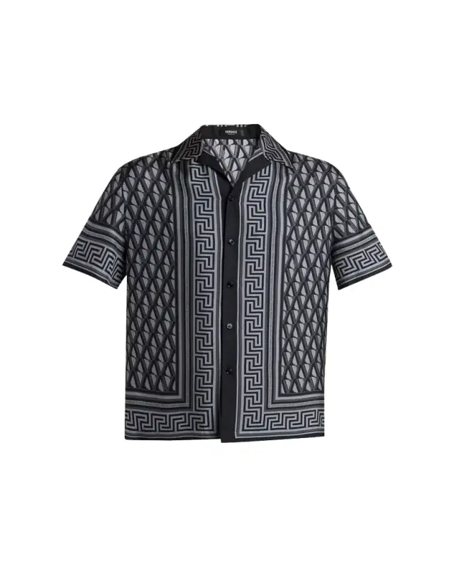 Men's Silk Monogram Greca-Trim Bowling Shirt