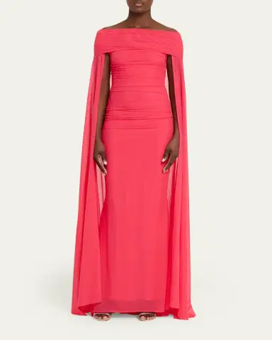 Talbot Runhof Ruched Off-The-Shoulder Mesh Cape Gown | Thumbnail 2 Talbot Runhof Ruched Off-The-Shoulder Mesh Cape Gown | Thumbnail 2