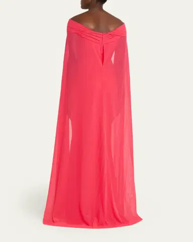 Talbot Runhof Ruched Off-The-Shoulder Mesh Cape Gown | Thumbnail 3 Talbot Runhof Ruched Off-The-Shoulder Mesh Cape Gown | Thumbnail 3