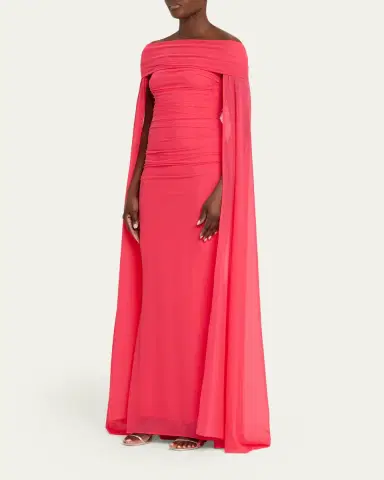 Talbot Runhof Ruched Off-The-Shoulder Mesh Cape Gown | Thumbnail 4 Talbot Runhof Ruched Off-The-Shoulder Mesh Cape Gown | Thumbnail 4