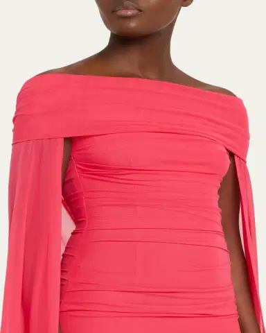 Talbot Runhof Ruched Off-The-Shoulder Mesh Cape Gown | Thumbnail 5 Talbot Runhof Ruched Off-The-Shoulder Mesh Cape Gown | Thumbnail 5