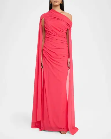 Talbot Runhof Ruched Off-The-Shoulder Mesh Cape Gown | Thumbnail 6 Talbot Runhof Ruched Off-The-Shoulder Mesh Cape Gown | Thumbnail 6