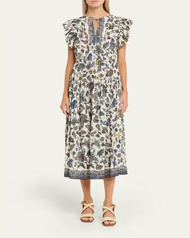 Ulla Johnson Kairi Printed Flutter-Sleeve Midi Dress | Thumbnail 2 Ulla Johnson Kairi Printed Flutter-Sleeve Midi Dress | Thumbnail 2