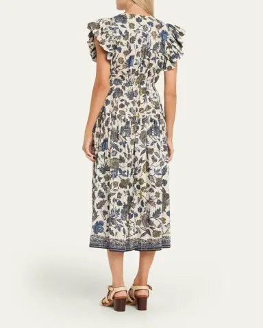 Ulla Johnson Kairi Printed Flutter-Sleeve Midi Dress | Thumbnail 3 Ulla Johnson Kairi Printed Flutter-Sleeve Midi Dress | Thumbnail 3