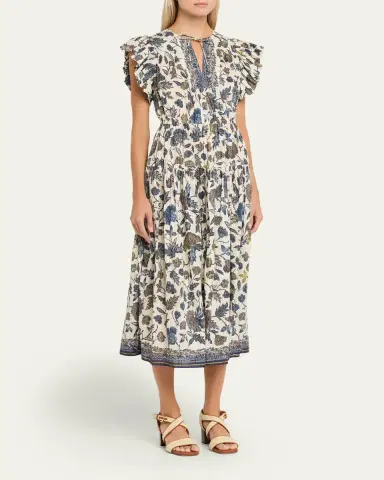 Ulla Johnson Kairi Printed Flutter-Sleeve Midi Dress | Thumbnail 4 Ulla Johnson Kairi Printed Flutter-Sleeve Midi Dress | Thumbnail 4