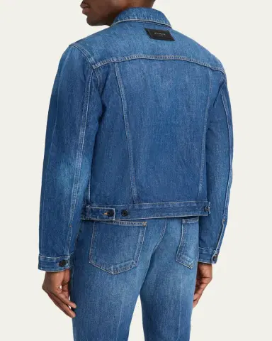 Givenchy Men's Medium Blue Denim Jacket with Leather Label | Thumbnail 3 Givenchy Men's Medium Blue Denim Jacket with Leather Label | Thumbnail 3