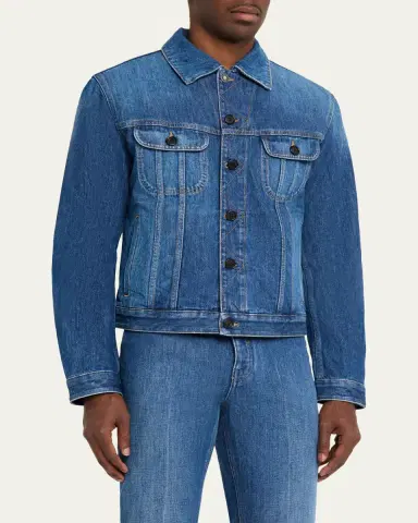 Givenchy Men's Medium Blue Denim Jacket with Leather Label | Thumbnail 4 Givenchy Men's Medium Blue Denim Jacket with Leather Label | Thumbnail 4