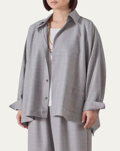 Eskandar Wide Longer Back Shirt Jacket With Collar - Mid Plus Length | Thumbnail 4