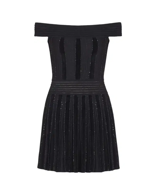 Off-The-Shoulder Metallic Velvet Pleated Knit Mini Dress