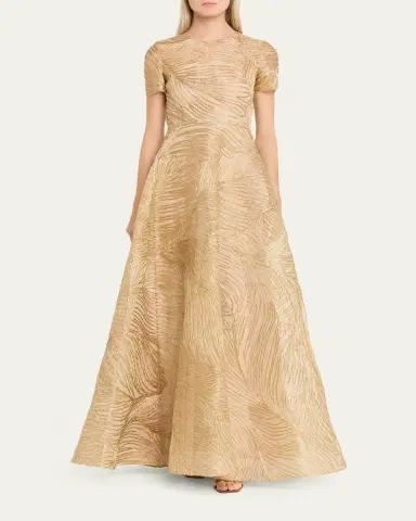 Naeem Khan Metallic Raffia Embroidered Short-Sleeve Gown | Thumbnail 2