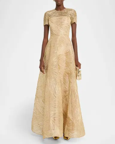 Naeem Khan Metallic Raffia Embroidered Short-Sleeve Gown | Thumbnail 6
