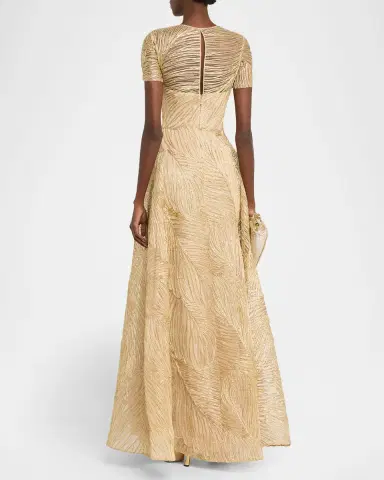 Naeem Khan Metallic Raffia Embroidered Short-Sleeve Gown | Thumbnail 7