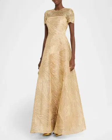 Naeem Khan Metallic Raffia Embroidered Short-Sleeve Gown | Thumbnail 8