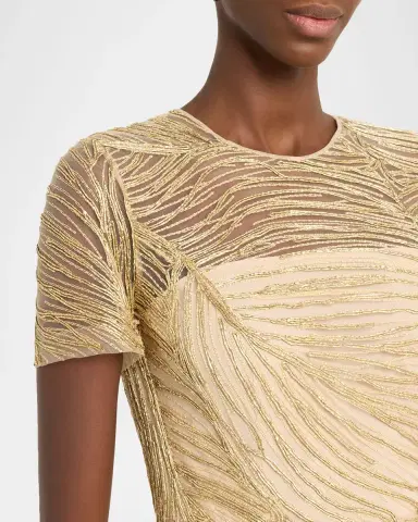 Naeem Khan Metallic Raffia Embroidered Short-Sleeve Gown | Thumbnail 9