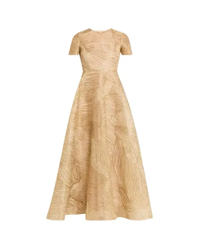 Metallic Raffia Embroidered Short-Sleeve Gown