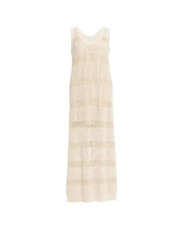 Brunello Cucinelli Striped Pailette Open-Knit Sleeveless Maxi Dress