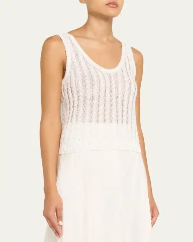 Brunello Cucinelli Linen Pailette Charming Cable Scoop-Neck Tank Top | Thumbnail 4