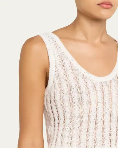 Brunello Cucinelli Linen Pailette Charming Cable Scoop-Neck Tank Top | Thumbnail 5