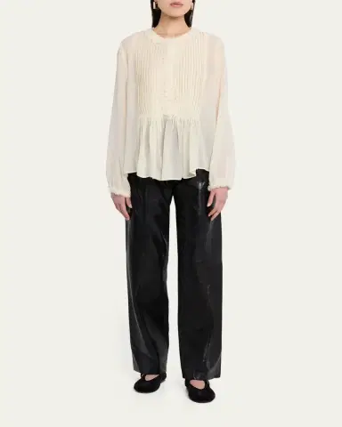 Ulla Johnson Adriel Pleated Ruffle Long-Sleeve Button-Down Top | Thumbnail 2