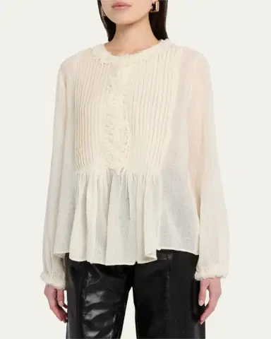 Ulla Johnson Adriel Pleated Ruffle Long-Sleeve Button-Down Top | Thumbnail 4