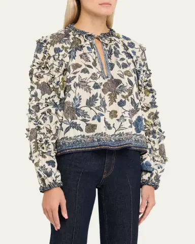 Ulla Johnson Azrou Floral Long-Sleeve Ruffle Blouse | Thumbnail 4