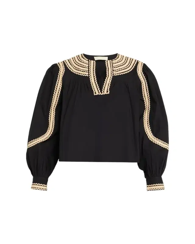 Laurenza Ric-Rac Trim Long-Sleeve Peasant Blouse