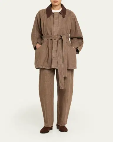 Ossou Sweep Belted Denim Jacket with Leather Collar | Thumbnail 2 Ossou Sweep Belted Denim Jacket with Leather Collar | Thumbnail 2