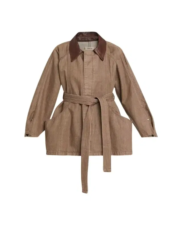 Ossou Sweep Belted Denim Jacket with Leather Collar