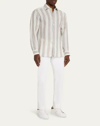 Kiton Men's Linen Blend Wide Stripe Button-Down Shirt | Thumbnail 2 Kiton Men's Linen Blend Wide Stripe Button-Down Shirt | Thumbnail 2