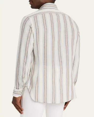 Kiton Men's Linen Blend Wide Stripe Button-Down Shirt | Thumbnail 3 Kiton Men's Linen Blend Wide Stripe Button-Down Shirt | Thumbnail 3