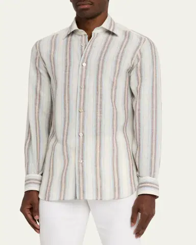 Kiton Men's Linen Blend Wide Stripe Button-Down Shirt | Thumbnail 4 Kiton Men's Linen Blend Wide Stripe Button-Down Shirt | Thumbnail 4