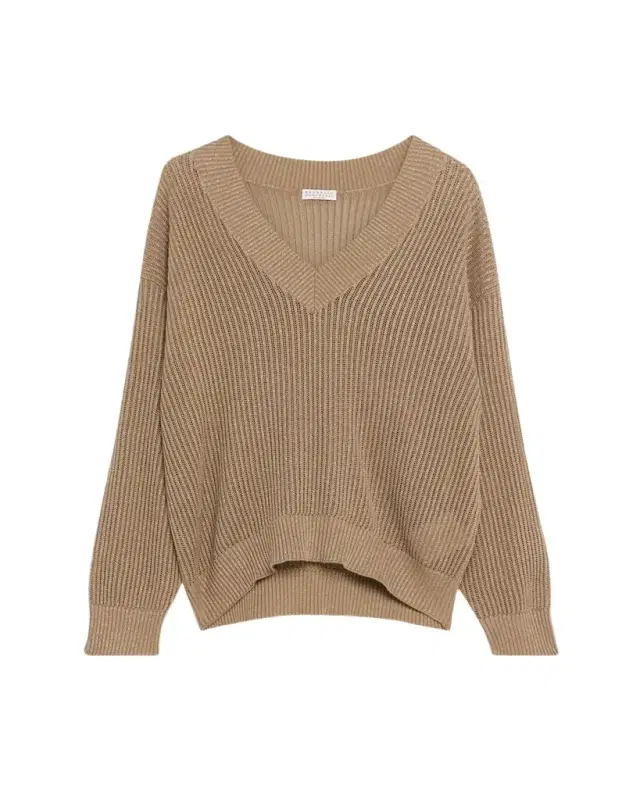 Brunello Cucinelli Metallic Open Rib V-Neck Sweater
