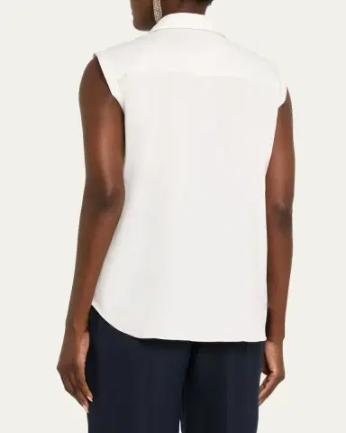 Brunello Cucinelli Cotton Poplin Sleeveless Top With Monili Trim | Thumbnail 3 Brunello Cucinelli Cotton Poplin Sleeveless Top With Monili Trim | Thumbnail 3