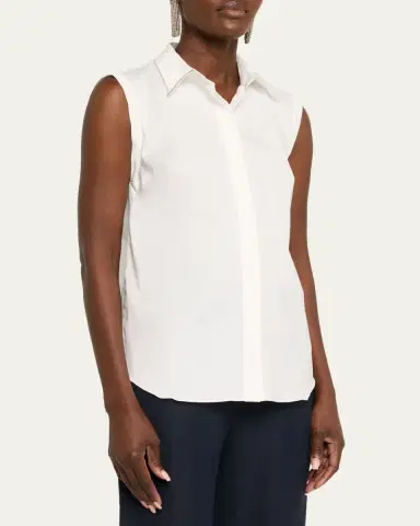 Brunello Cucinelli Cotton Poplin Sleeveless Top With Monili Trim | Thumbnail 4 Brunello Cucinelli Cotton Poplin Sleeveless Top With Monili Trim | Thumbnail 4