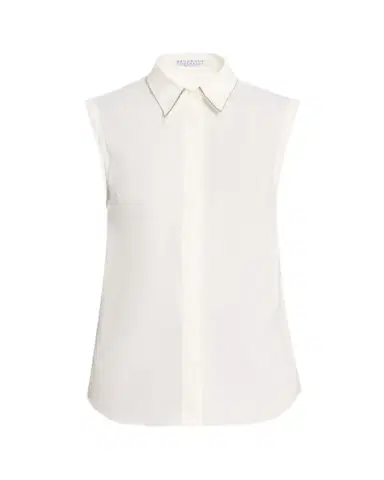 Brunello Cucinelli Cotton Poplin Sleeveless Top With Monili Trim | Thumbnail 1 Brunello Cucinelli Cotton Poplin Sleeveless Top With Monili Trim | Thumbnail 1