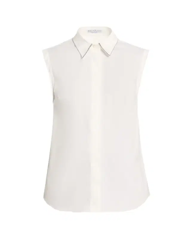 Brunello Cucinelli Cotton Poplin Sleeveless Top With Monili Trim
