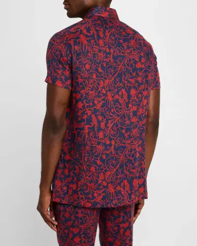 Kiton Men 's Linen Coral-Print Short-Sleeve Shirt | Thumbnail 2