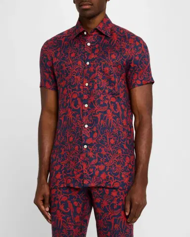 Kiton Men 's Linen Coral-Print Short-Sleeve Shirt | Thumbnail 3