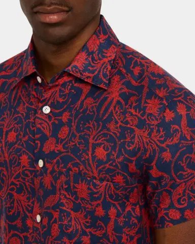 Kiton Men 's Linen Coral-Print Short-Sleeve Shirt | Thumbnail 4