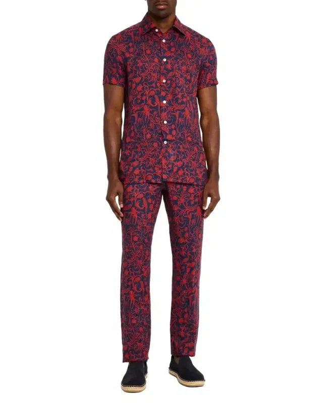 Men 's Linen Coral-Print Short-Sleeve Shirt Men 's Linen Coral-Print Short-Sleeve Shirt