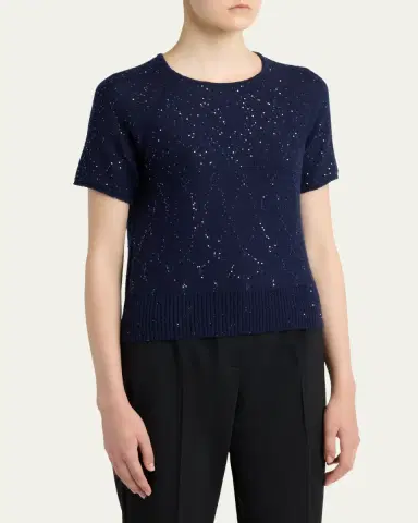 Kiton Cashmere Paillette Short-Sleeve Crewneck Sweater | Thumbnail 4