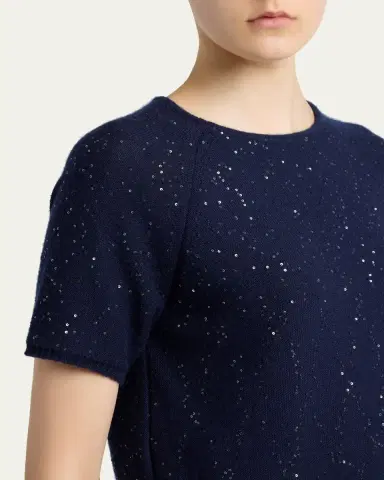 Kiton Cashmere Paillette Short-Sleeve Crewneck Sweater | Thumbnail 5