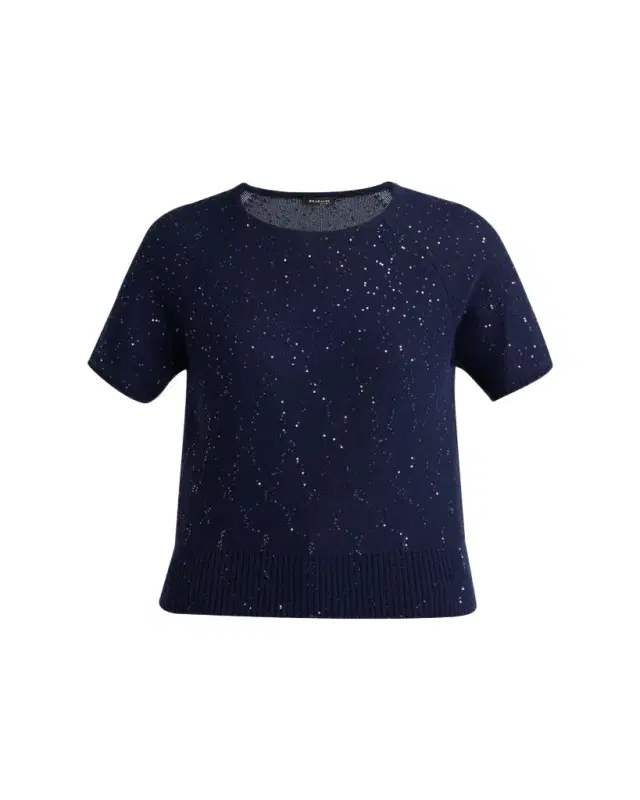 Cashmere Paillette Short-Sleeve Crewneck Sweater