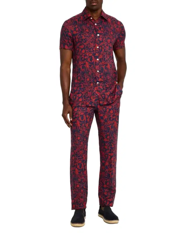 Men's Linen Coral-Print Stretch Pants