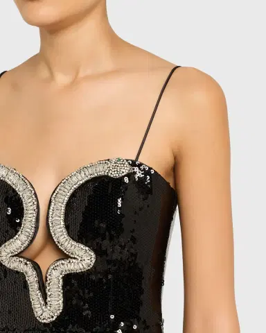 Rebecca Vallance Lyra Plunging Diamante Snake-Trim Sequin Gown | Thumbnail 4