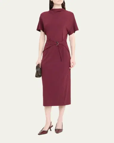 Brunello Cucinelli Drape Short-Sleeve Wool Jersey Midi Wrap Dress | Thumbnail 2