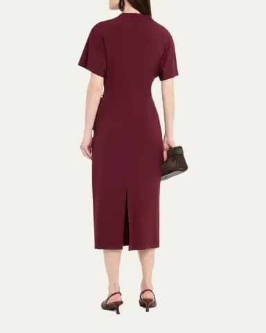 Brunello Cucinelli Drape Short-Sleeve Wool Jersey Midi Wrap Dress | Thumbnail 3