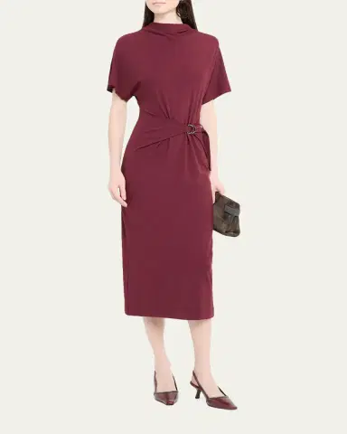 Brunello Cucinelli Drape Short-Sleeve Wool Jersey Midi Wrap Dress | Thumbnail 4