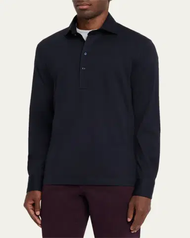 Brunello Cucinelli Men's Cotton Long-Sleeve Polo Shirt | Thumbnail 4
